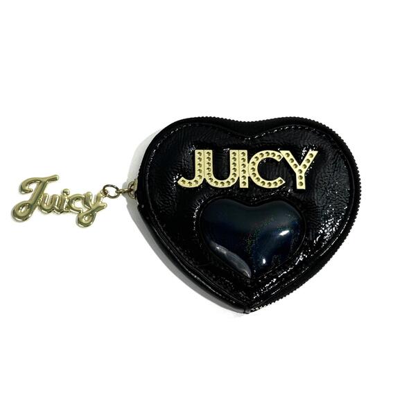 Juicy Couture Handbags - Juicy Couture Black Patent Faux Leather Zip Around Heart Shaped Coin Purse